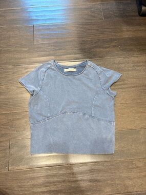 We The Free Faded Denim Vintage Look Blue Short Sleeve Corset Shirt Size Large